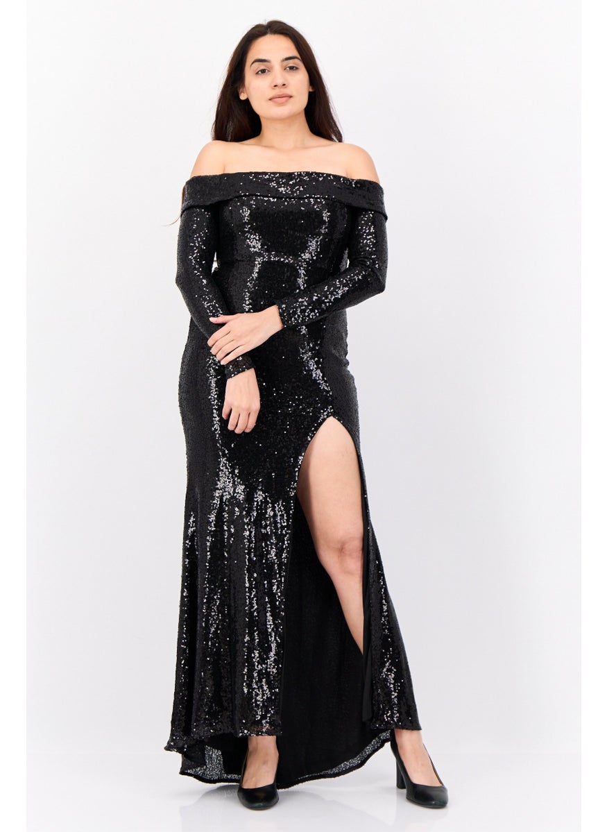 Women Sequined Maxi Dess, Black