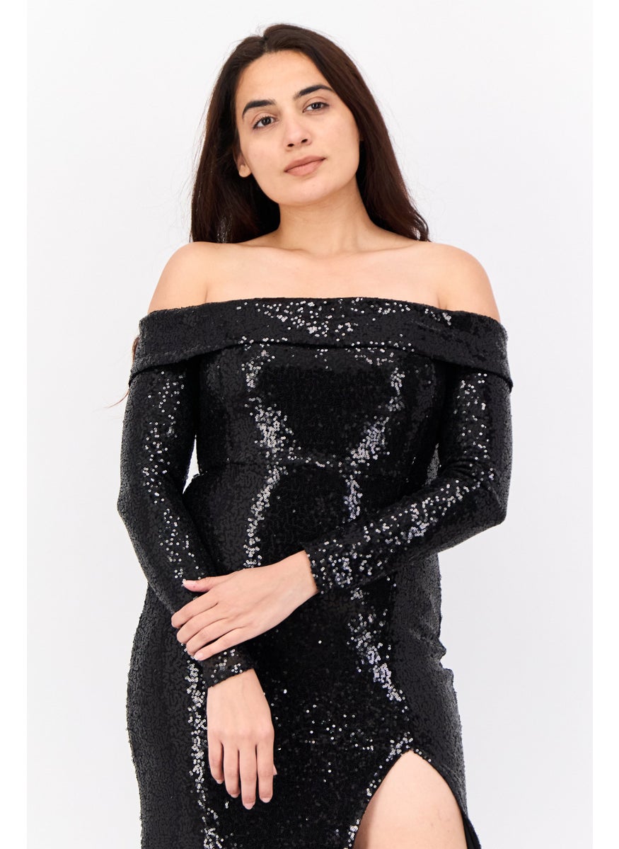 Women Sequined Maxi Dess, Black