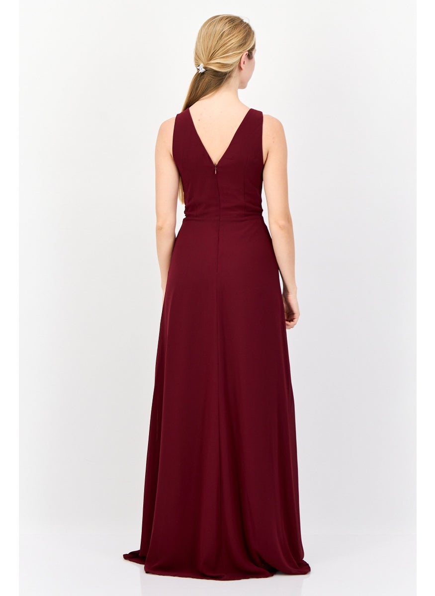Women Plain Twist-Front Maxi Dress, Burgundy