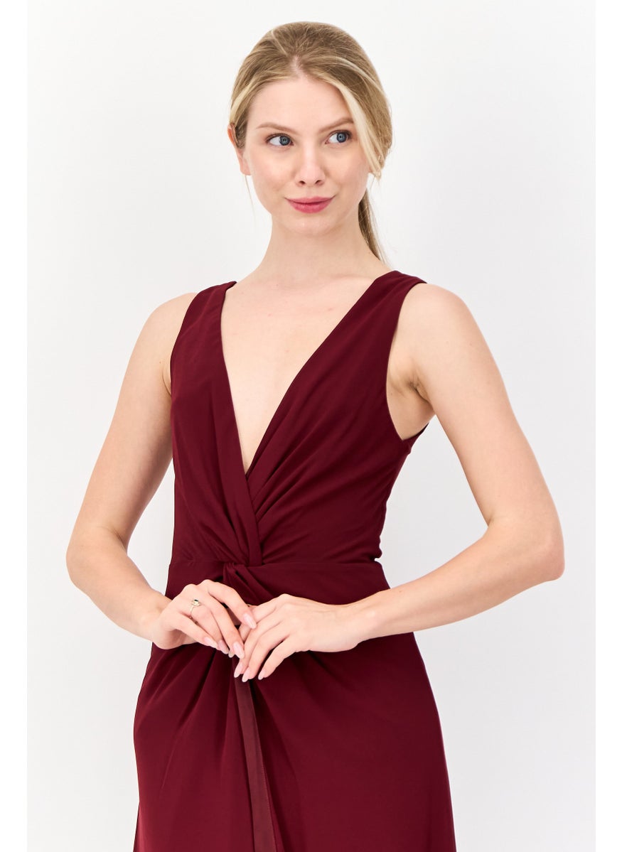 Women Plain Twist-Front Maxi Dress, Burgundy