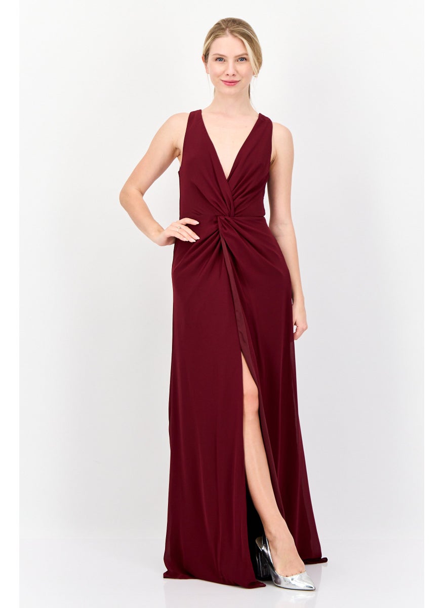 Women Plain Twist-Front Maxi Dress, Burgundy