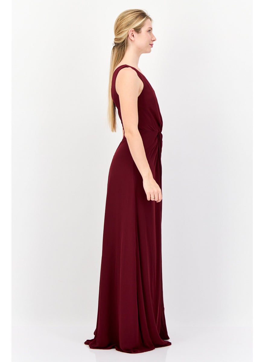Women Plain Twist-Front Maxi Dress, Burgundy