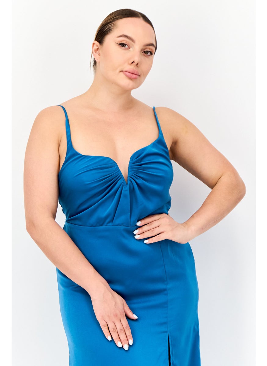 Women Solid Satin With Slit A-Line Dress, Teal Blue