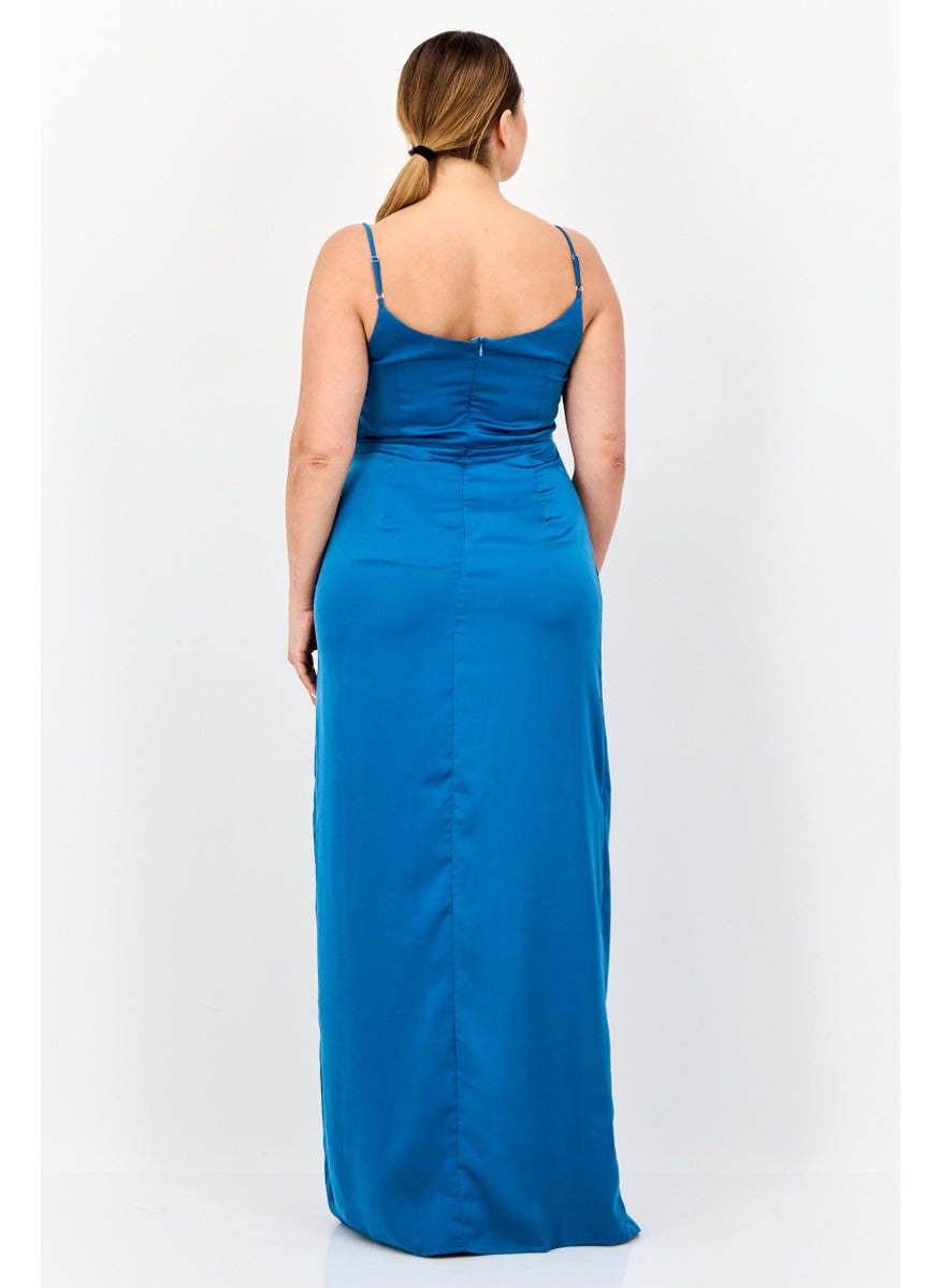 Women Solid Satin With Slit A-Line Dress, Teal Blue