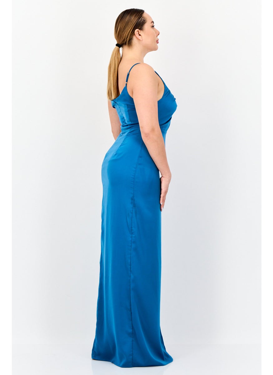 Women Solid Satin With Slit A-Line Dress, Teal Blue