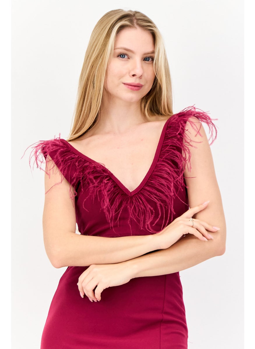 Women Feather Detail Maxi Dress, Berry