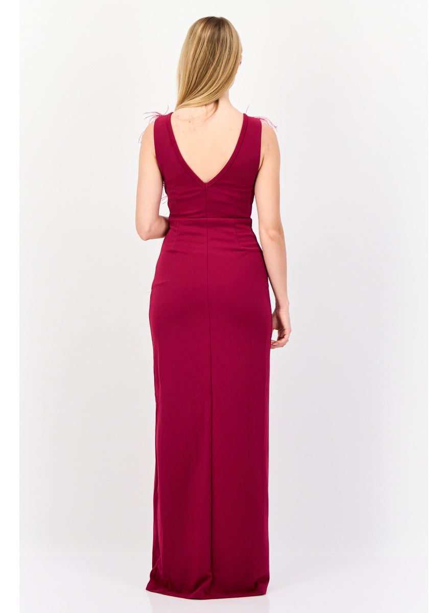 Women Feather Detail Maxi Dress, Berry