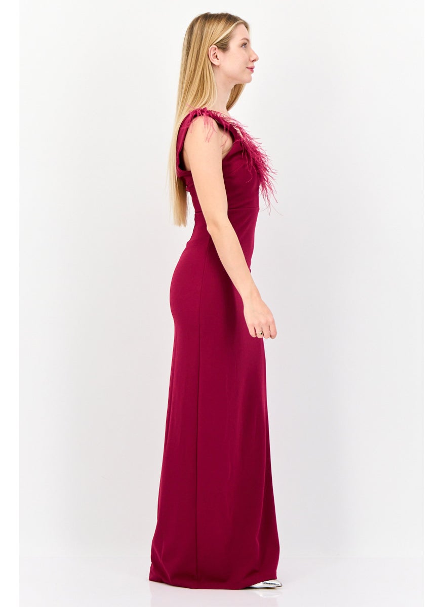 Women Feather Detail Maxi Dress, Berry