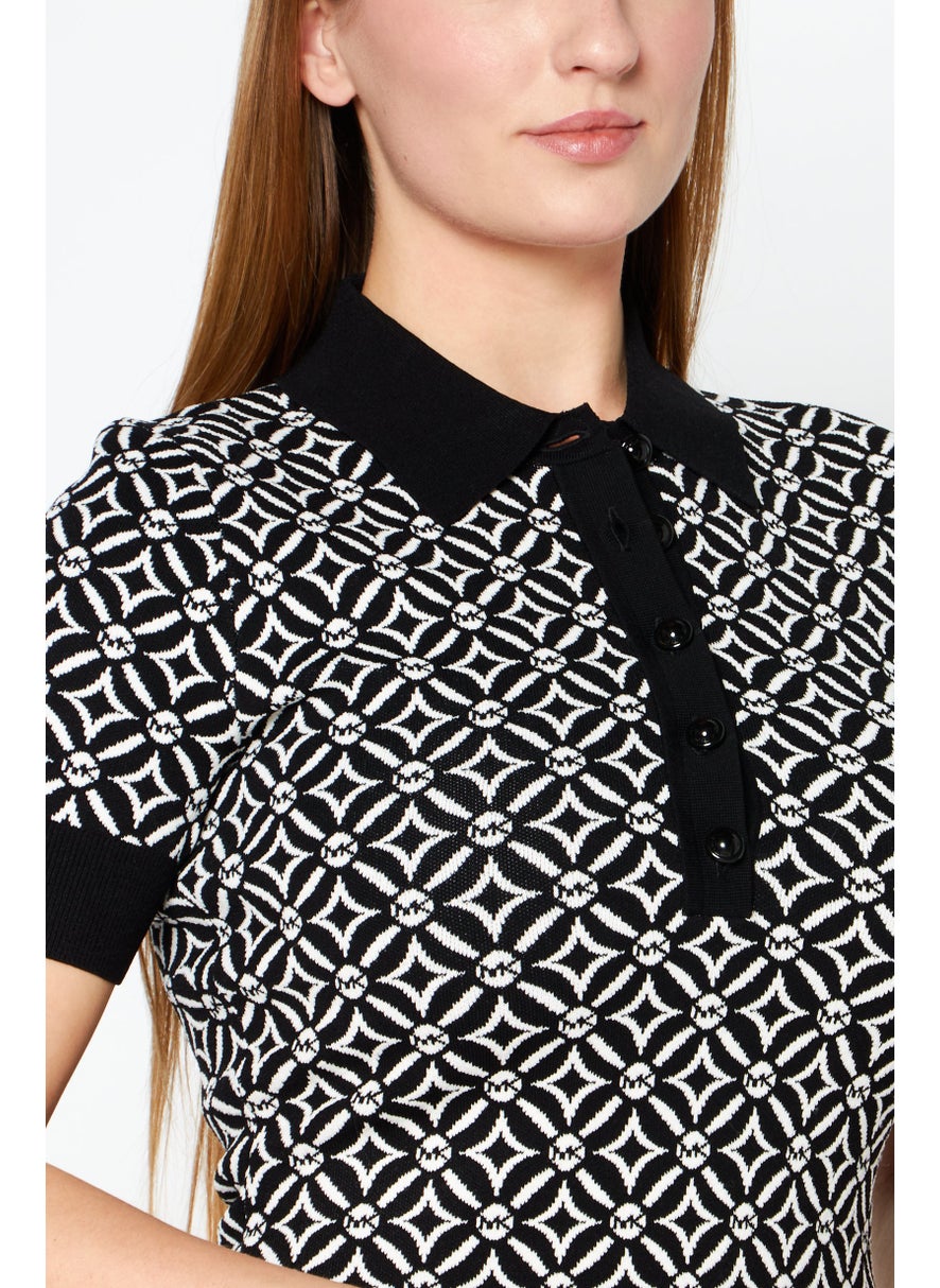 Women Button Down Collar Brand Logo Mini Dress, Black/White