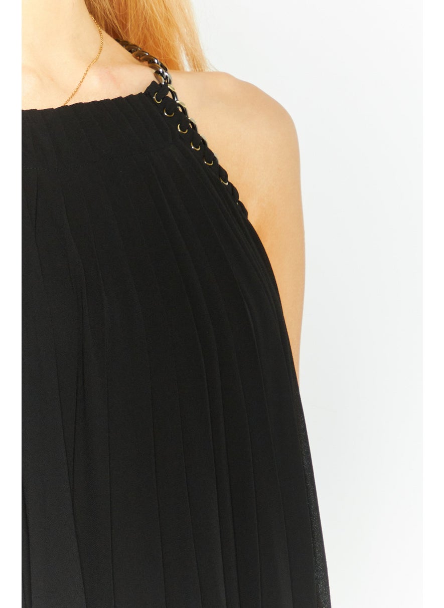 Women Pleated Chain Midi Dress, Black