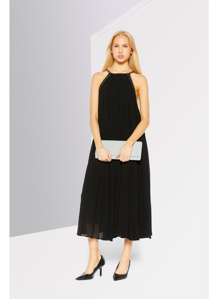 Women Pleated Chain Midi Dress, Black
