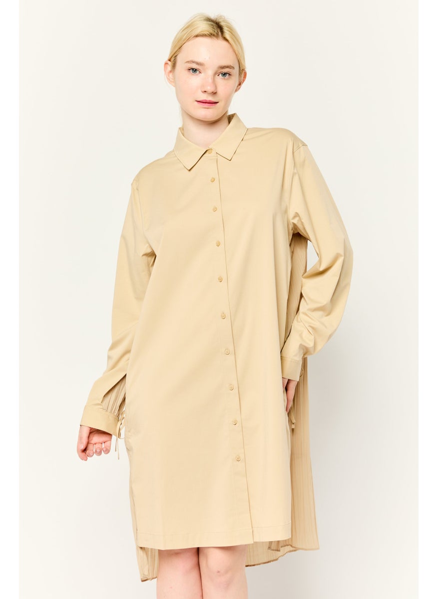 Women Plain Shirt Dress, Beige