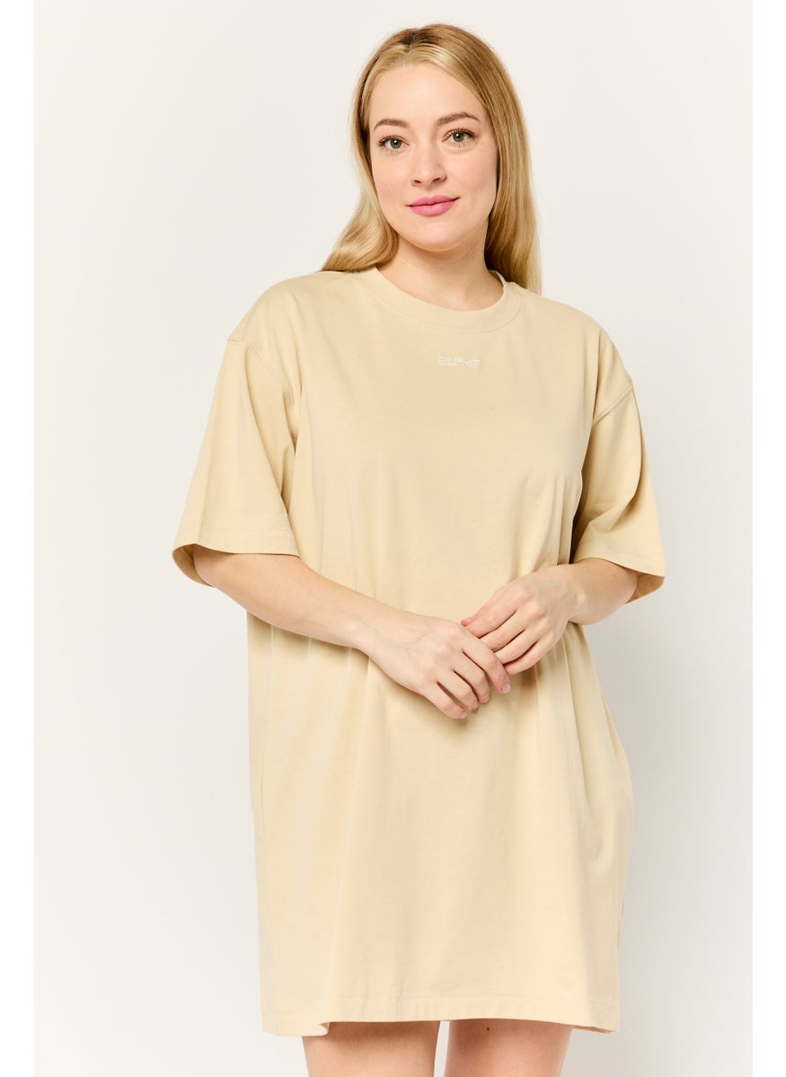 Women Embroidered Logo Shirt Dress, Beige