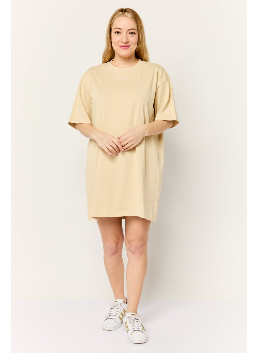 Women Embroidered Logo Shirt Dress, Beige