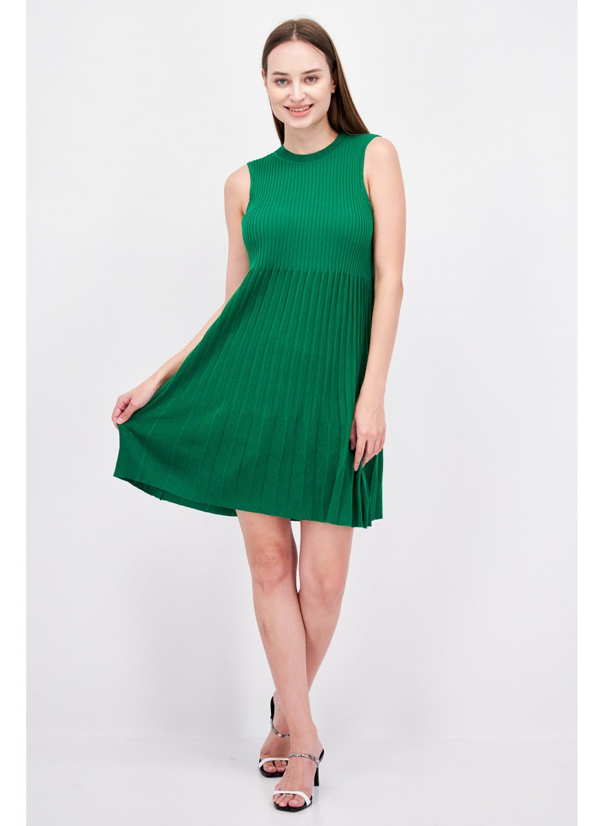 Women Pleated Mini Dress, Green