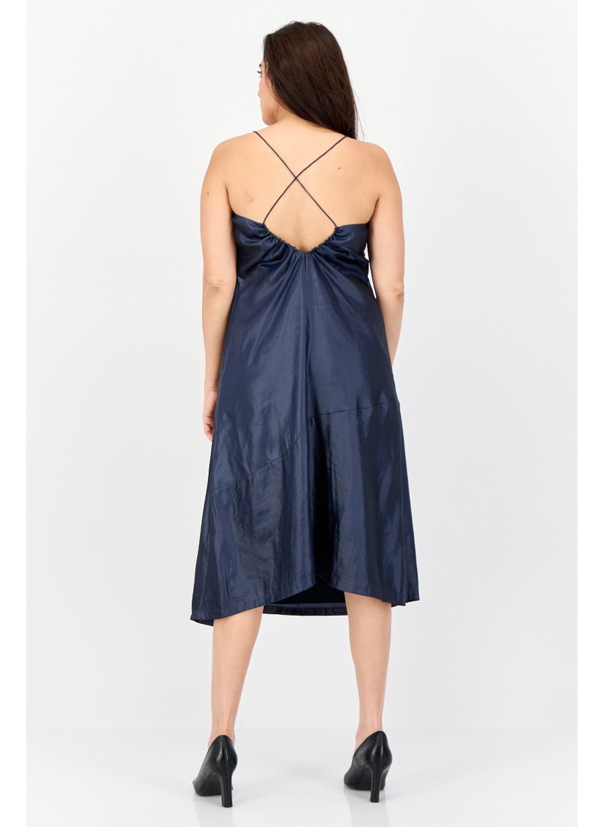 Women Metallic Midi Dress, Navy