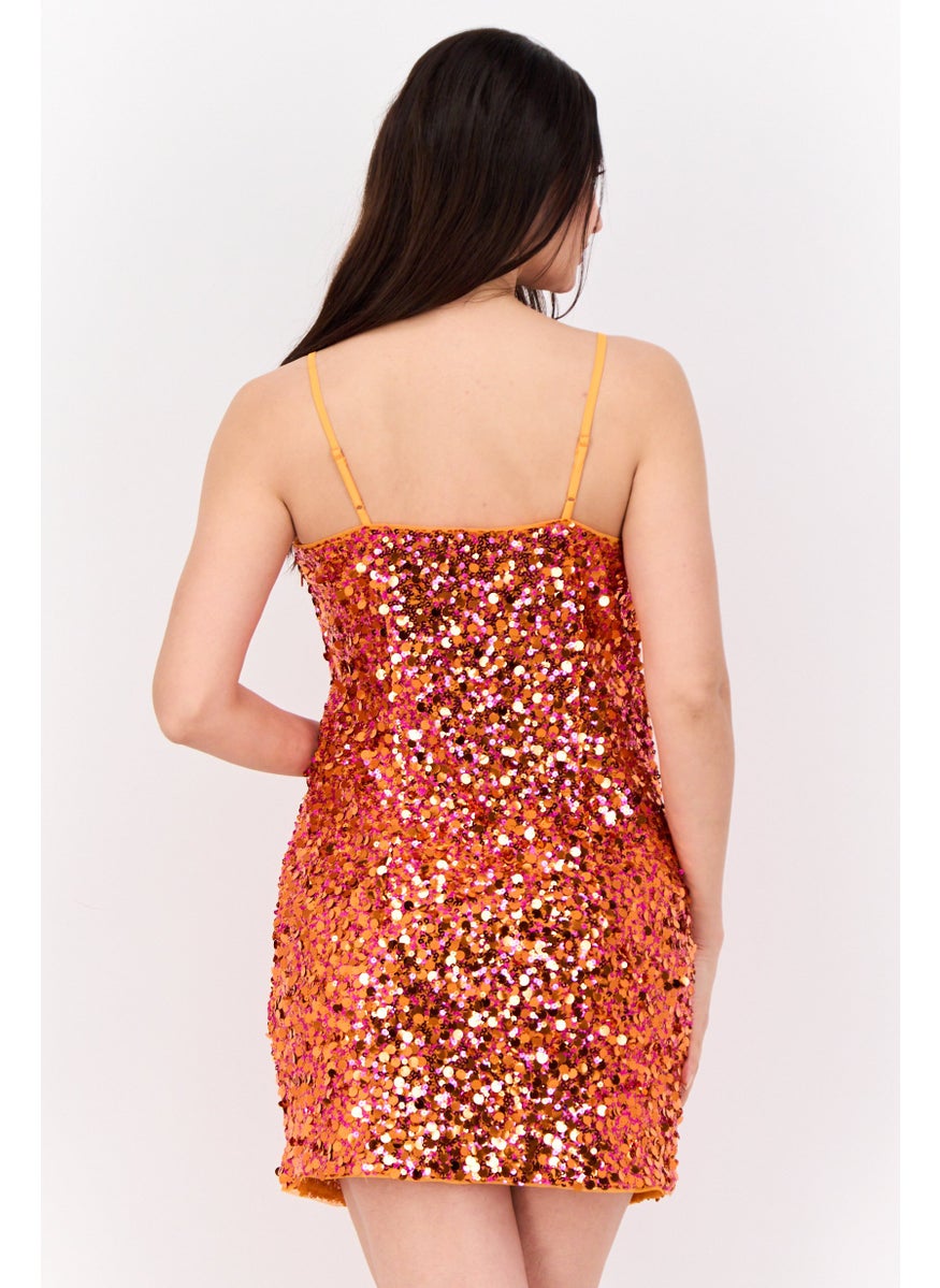 Women Sequin Mini Dress, Orange