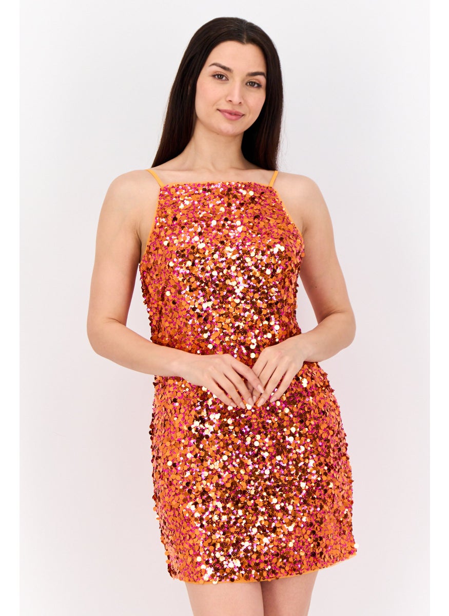 Women Sequin Mini Dress, Orange