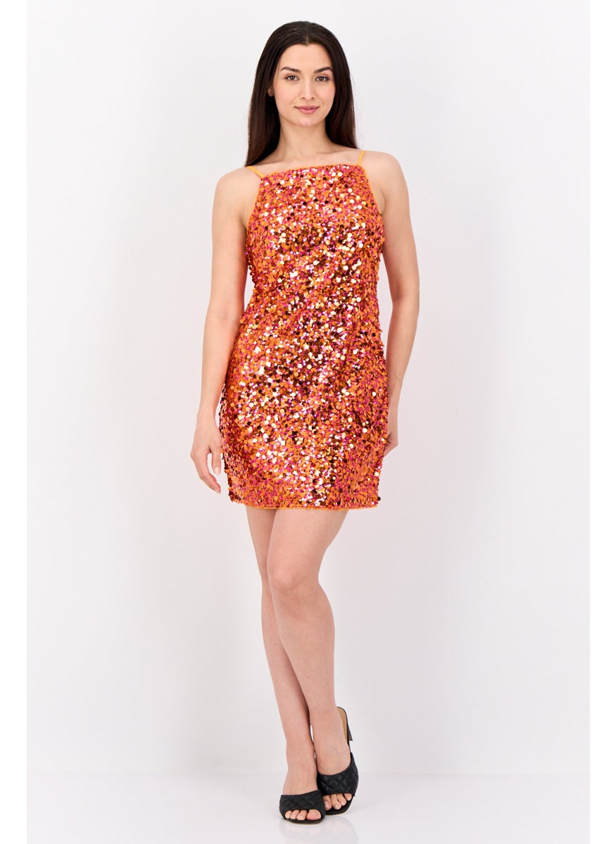 Women Sequin Mini Dress, Orange