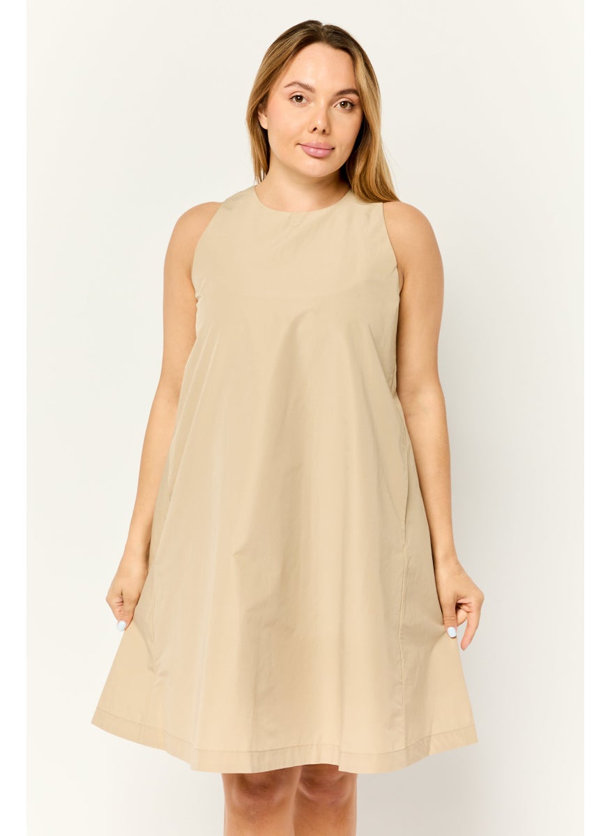 Women Solid A-Lined Mini Dress, Tan