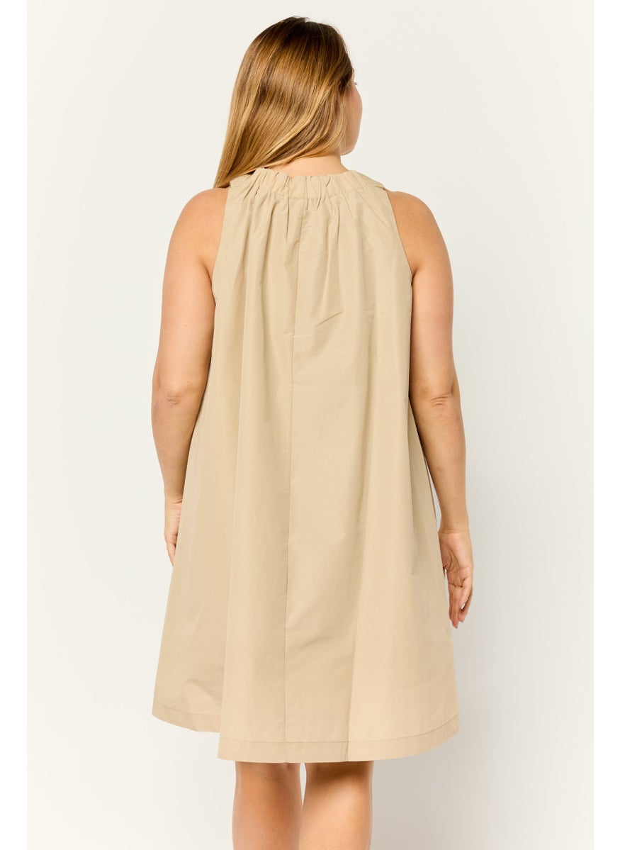 Women Solid A-Lined Mini Dress, Tan