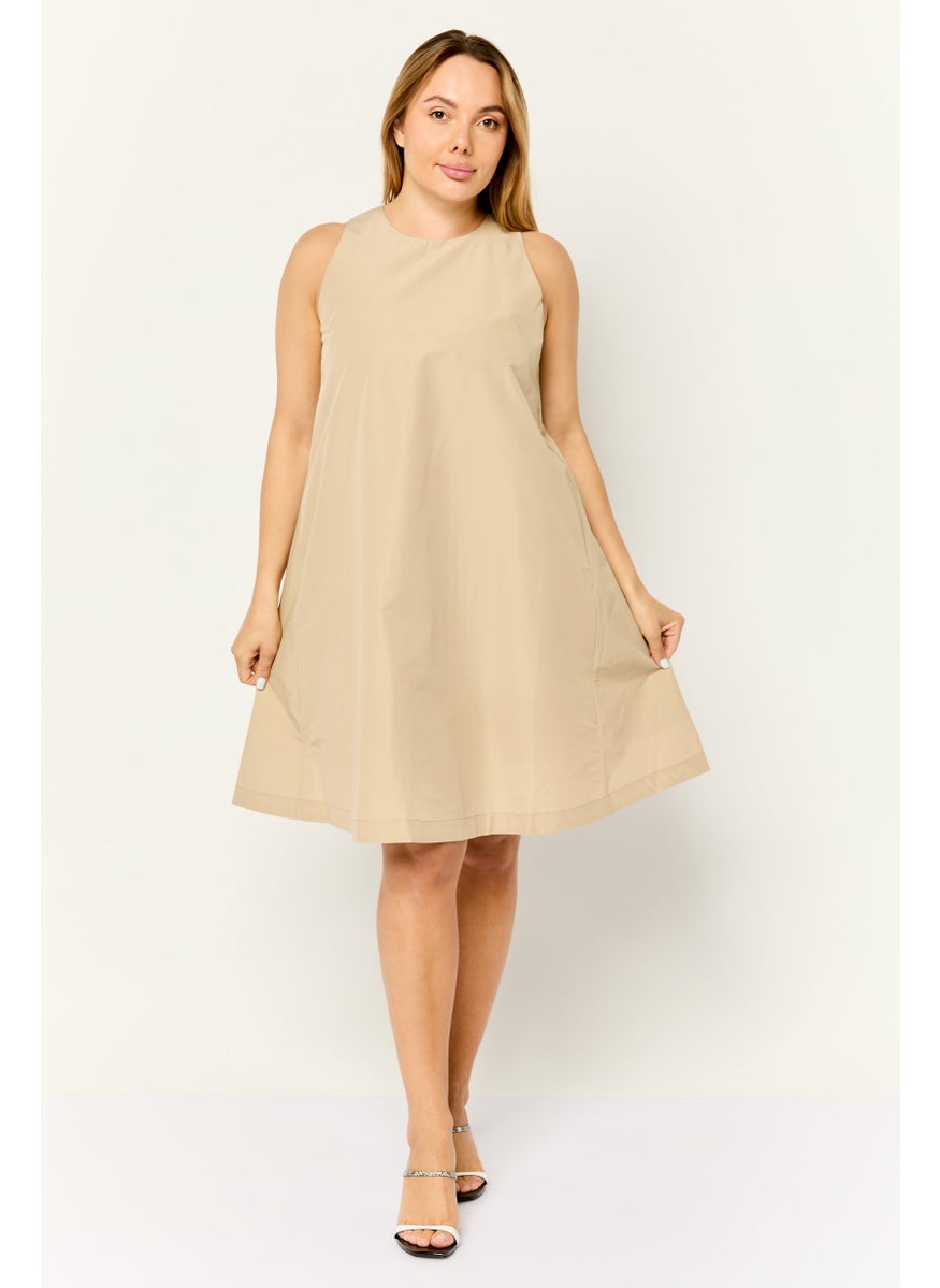 Women Solid A-Lined Mini Dress, Tan