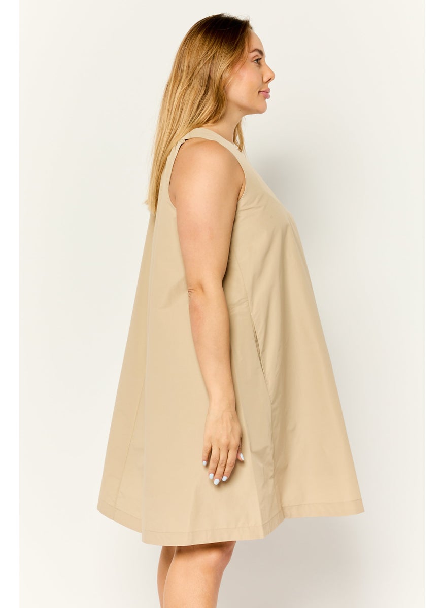 Women Solid A-Lined Mini Dress, Tan