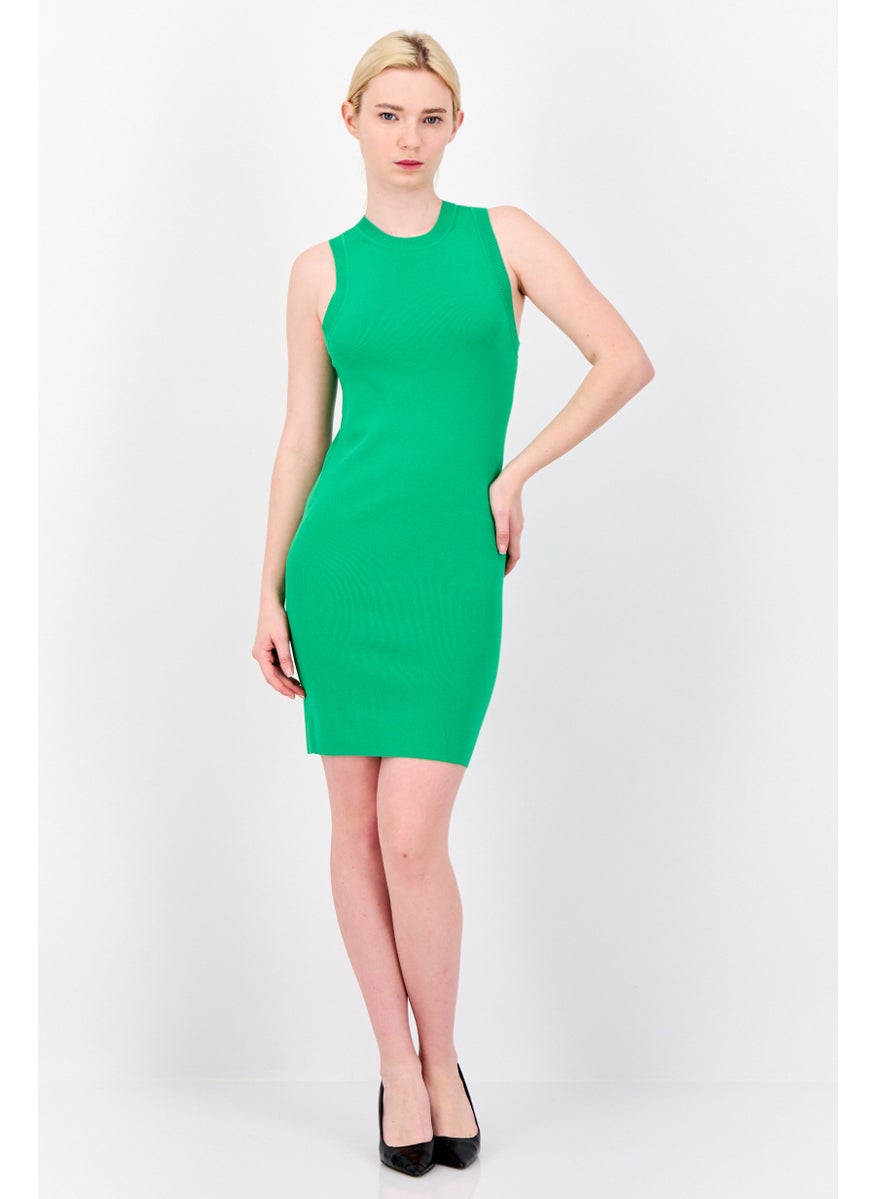 Women Ribbed Mini Dress, Green