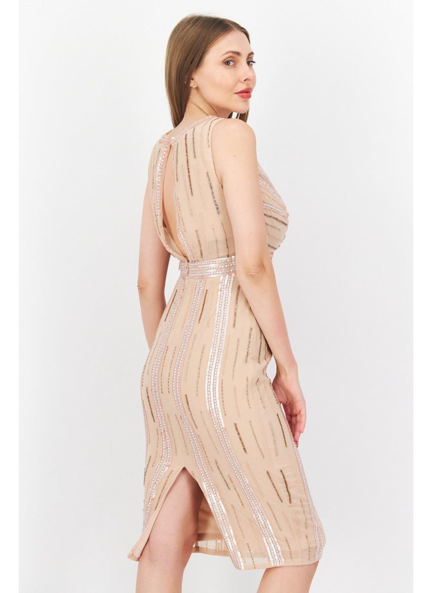 Women Sequins Detail Midi Dress, Light Peach