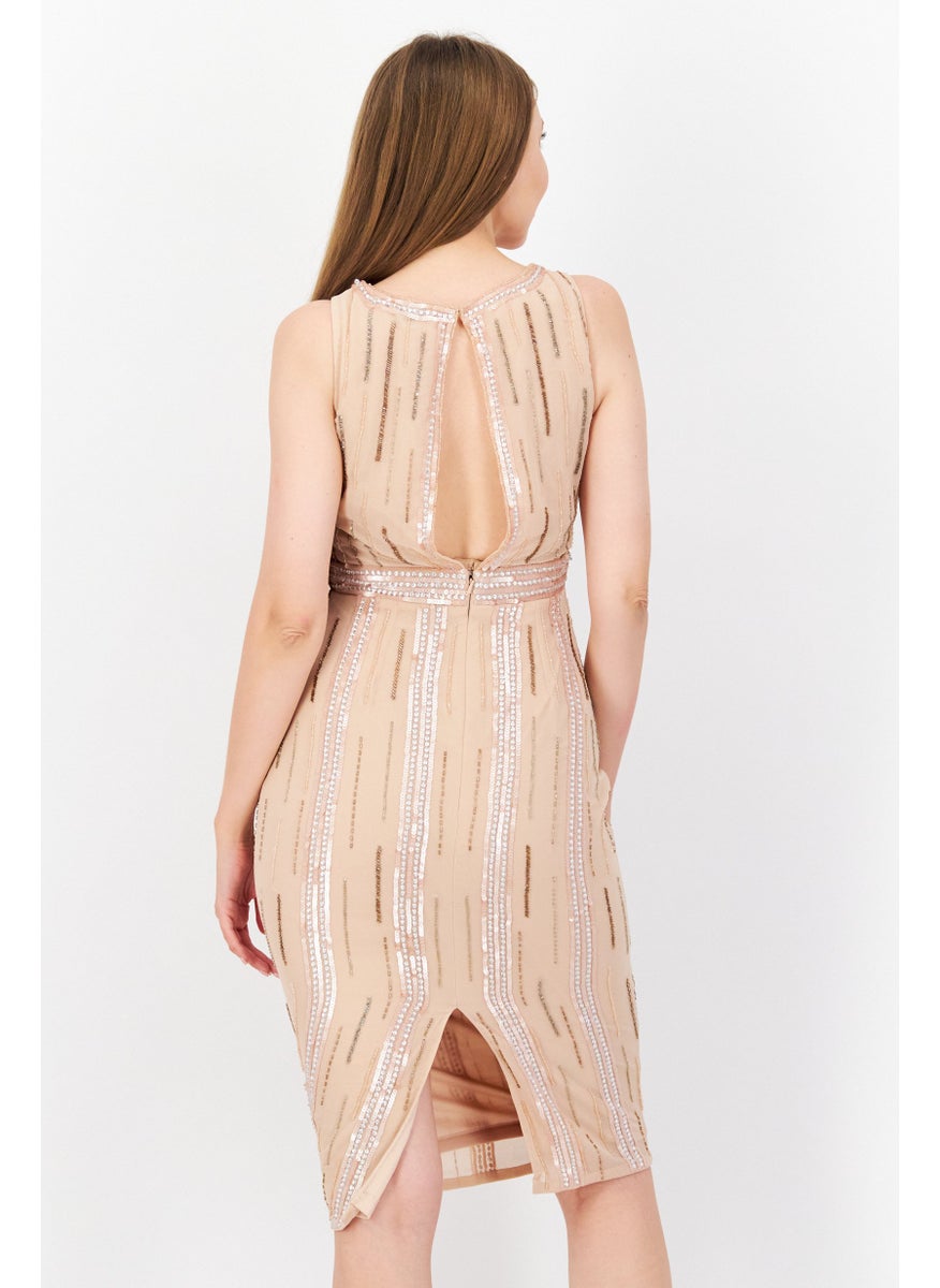 Women Sequins Detail Midi Dress, Light Peach