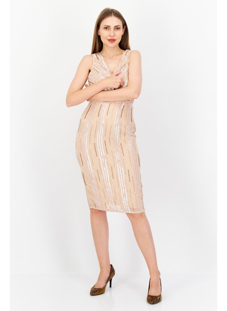 Women Sequins Detail Midi Dress, Light Peach