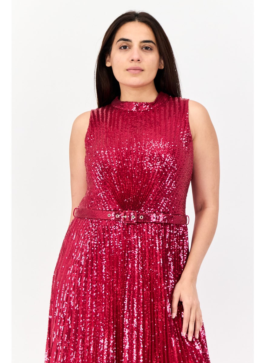 Women Sequin Belted Midi Dress, Dark Pink