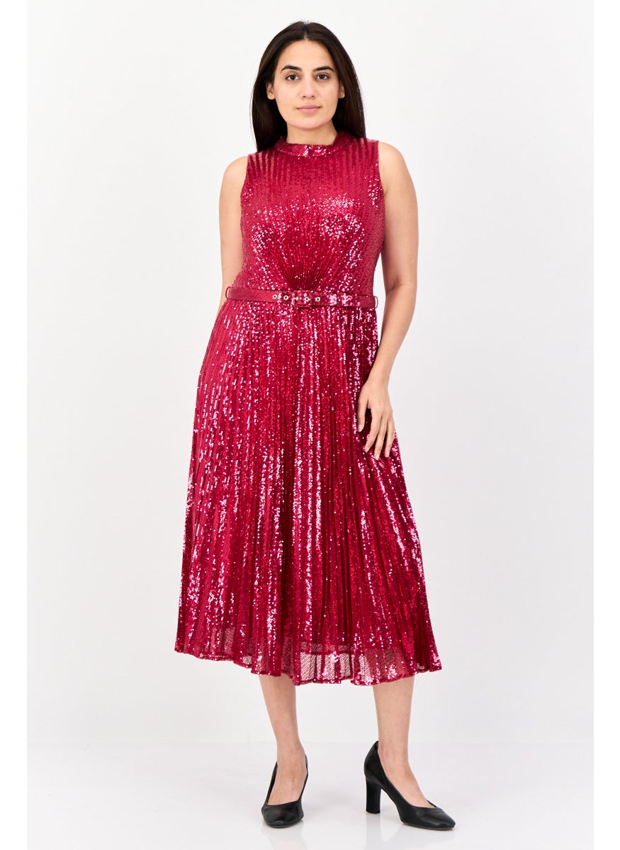 Women Sequin Belted Midi Dress, Dark Pink
