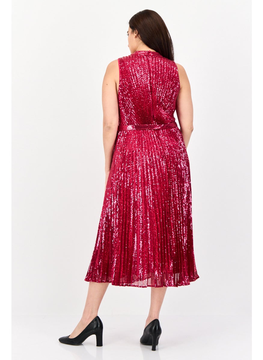 Women Sequin Belted Midi Dress, Dark Pink