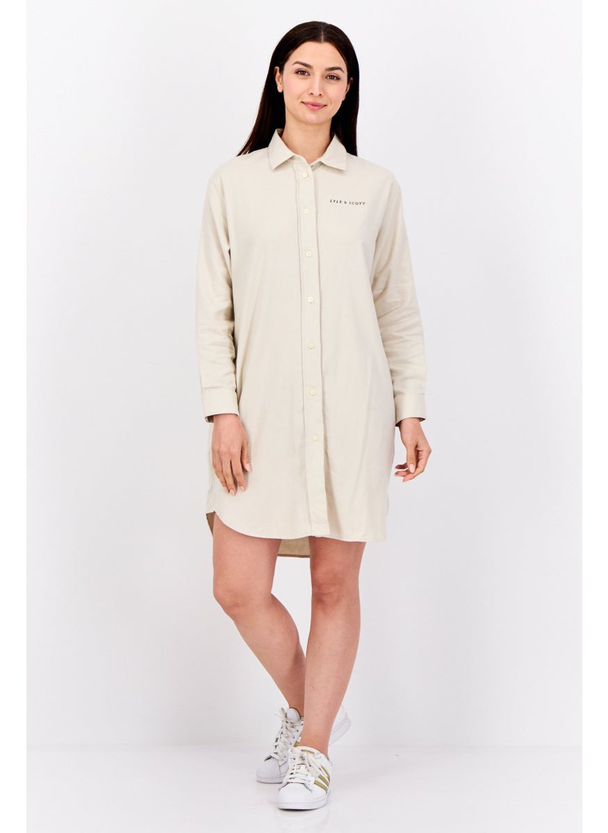 Women Embroidered Logo Shirt Dress, Beige