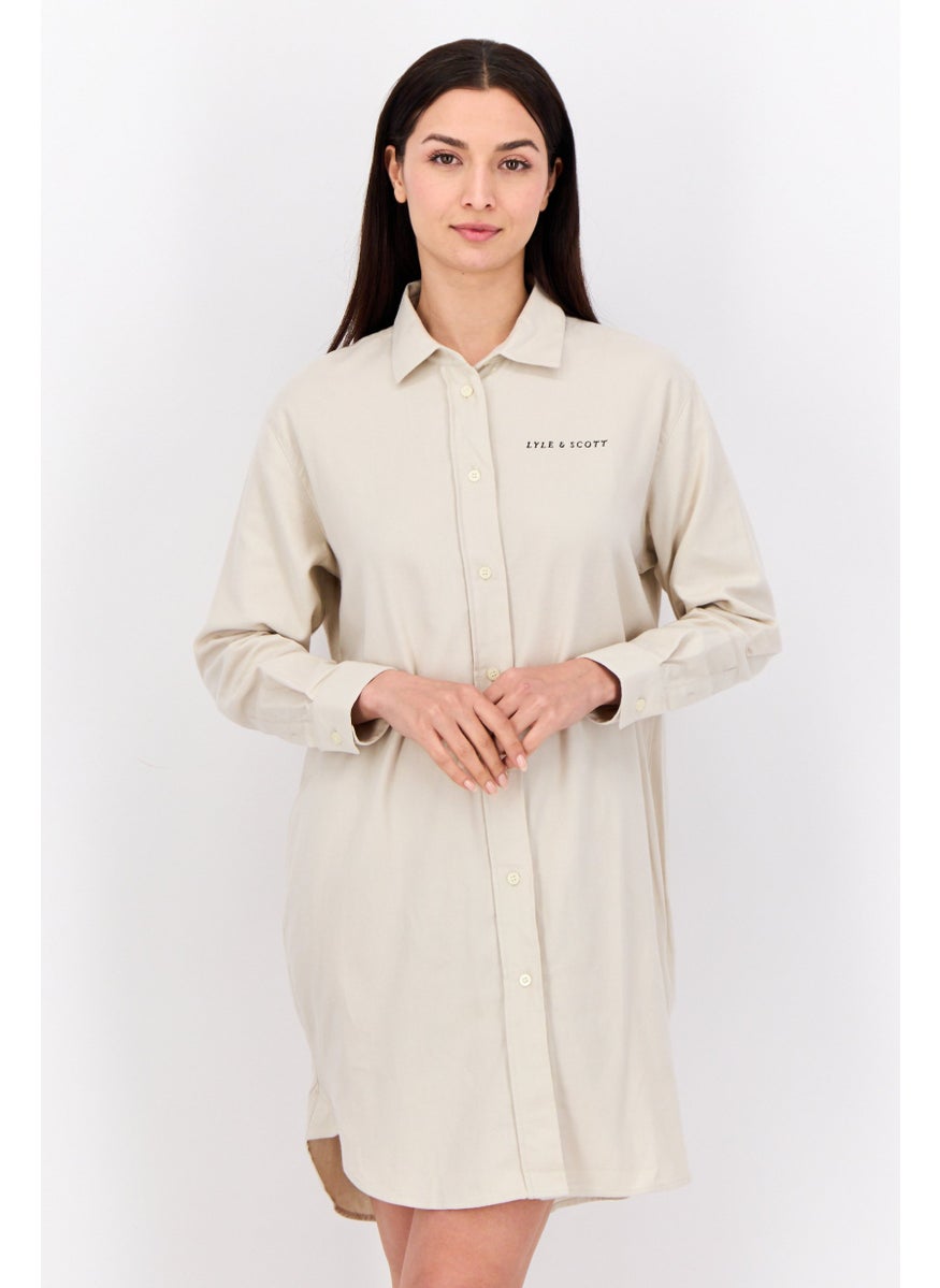 Women Embroidered Logo Shirt Dress, Beige