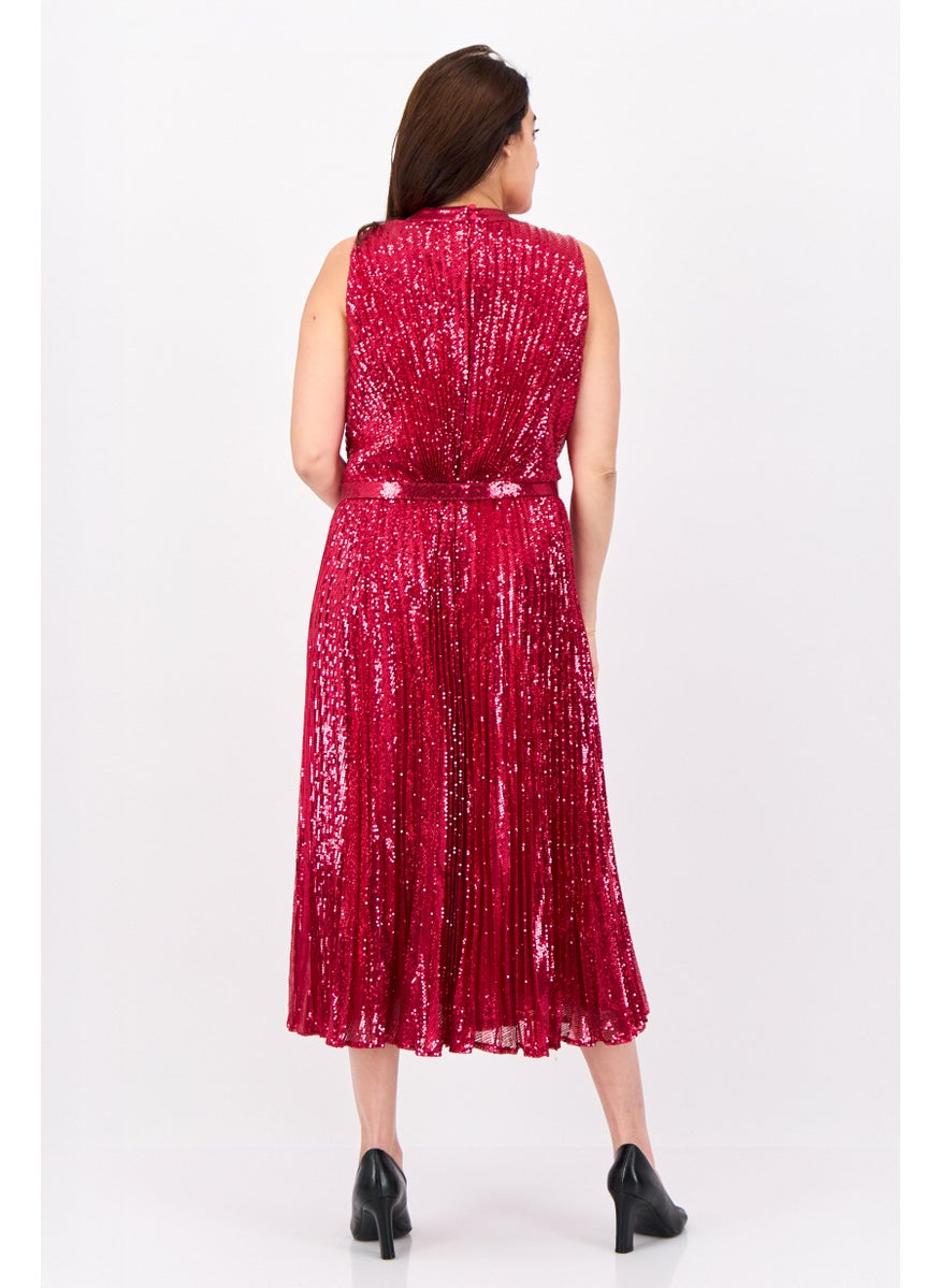 Women Sequin Belt Detail Maxi Dress, Fuchsia