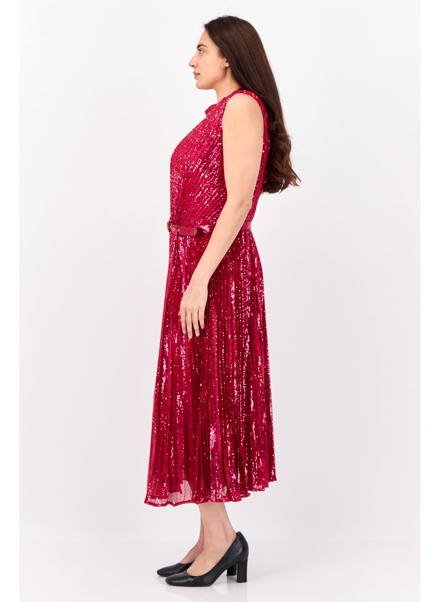 Women Sequin Belt Detail Maxi Dress, Fuchsia