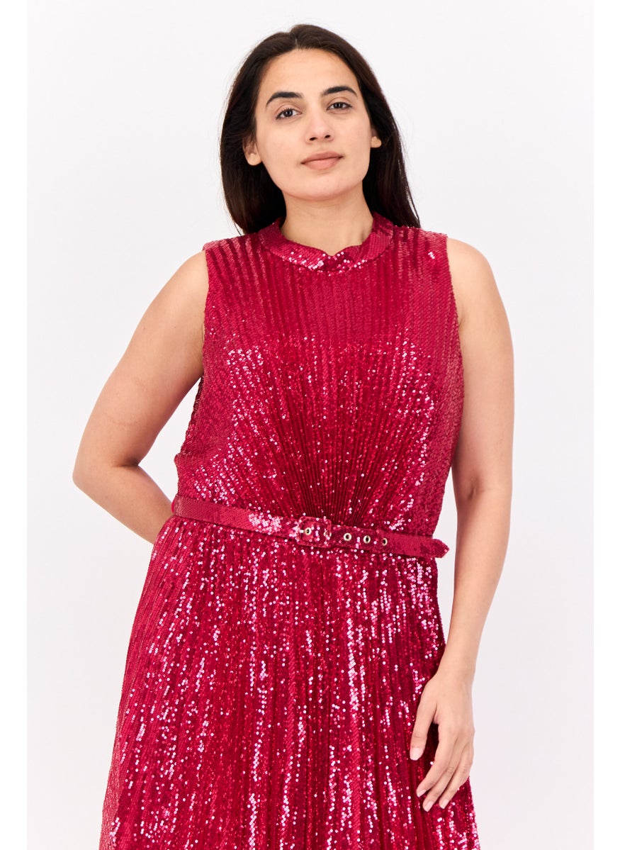 Women Sequin Belt Detail Maxi Dress, Fuchsia