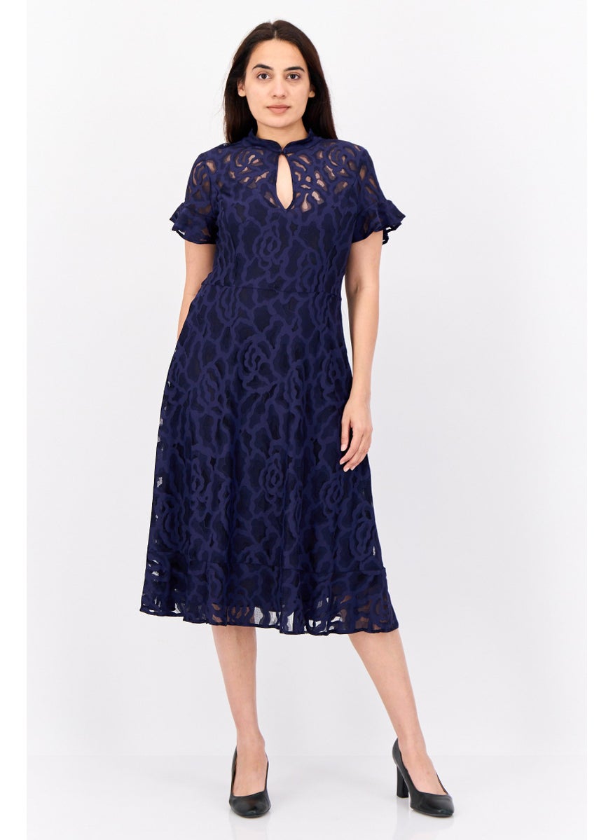 Women Lace Detail Midi Dress, Navy Blue