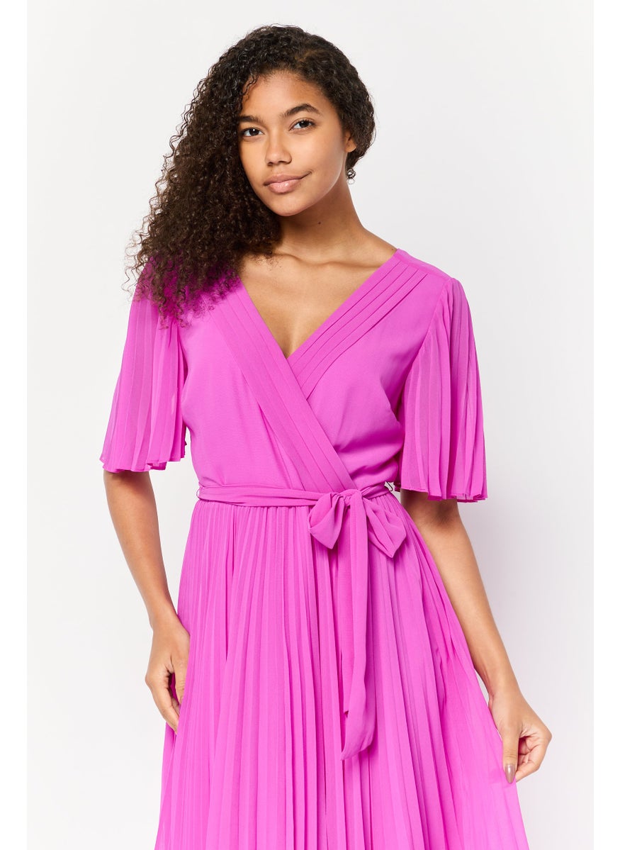 Women Pleated Belted Midi Dress, Fuschia Pink