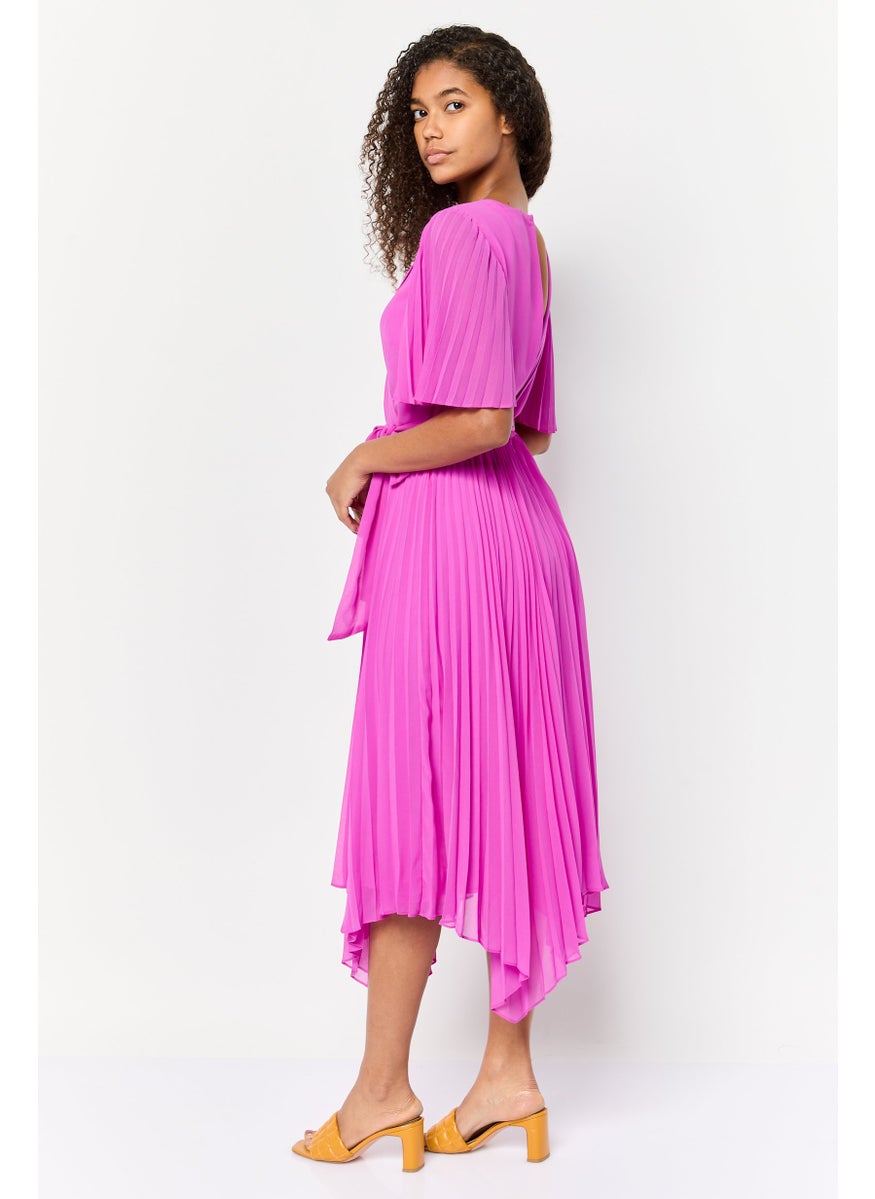 Women Pleated Belted Midi Dress, Fuschia Pink
