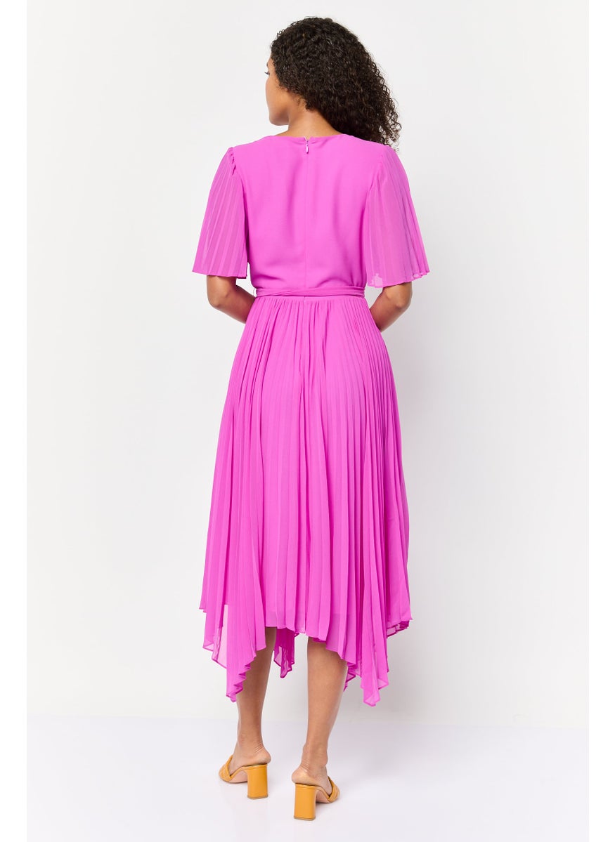 Women Pleated Belted Midi Dress, Fuschia Pink