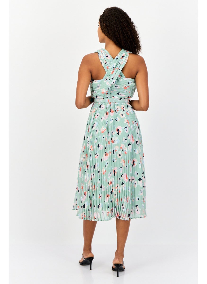 Women Pleated Belt Detail Midi Dress, Sage Green