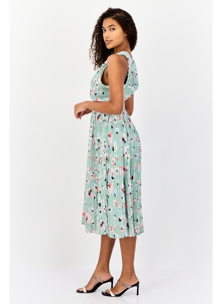 Women Pleated Belt Detail Midi Dress, Sage Green