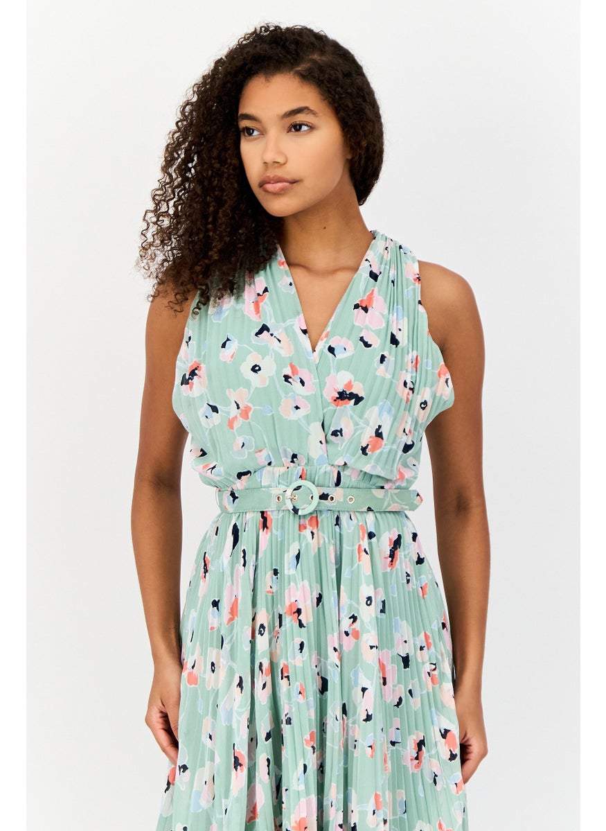 Women Pleated Belt Detail Midi Dress, Sage Green