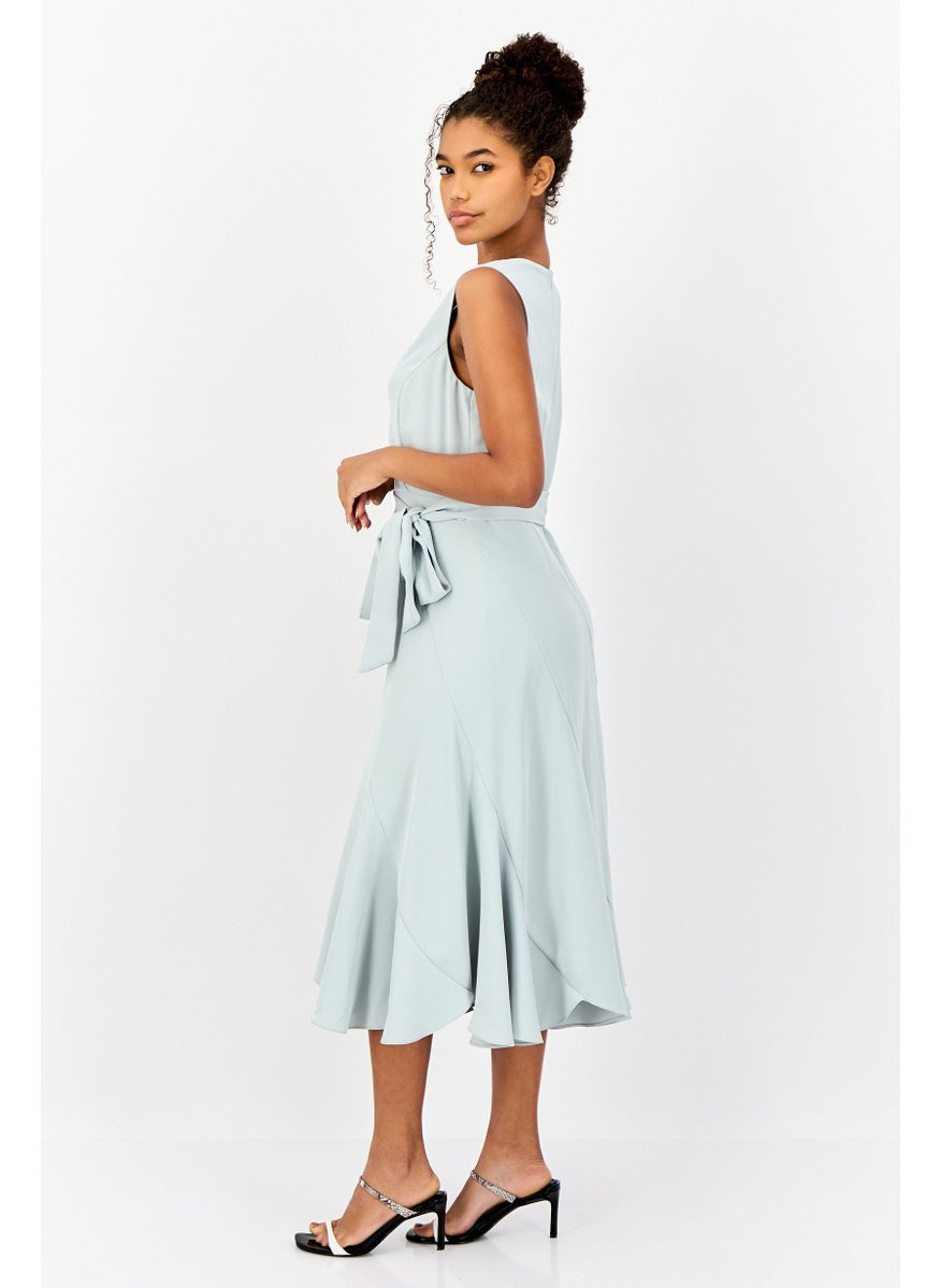Women Plain Belt Detail Midi Dress, Sage Green