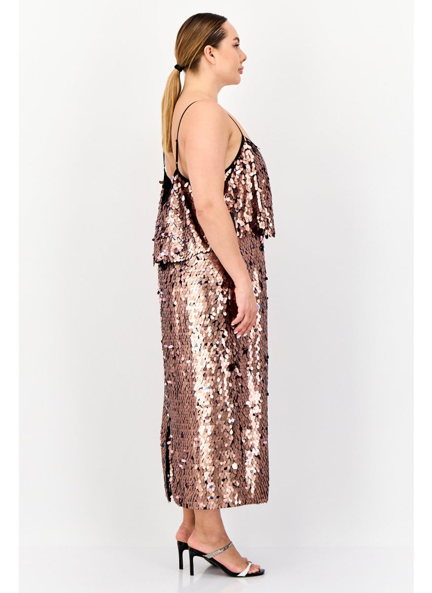 Women Embellished Midi Dress, Brown