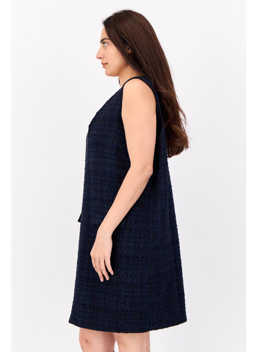 Women Tweed Detail Mini Dress, Navy Blue