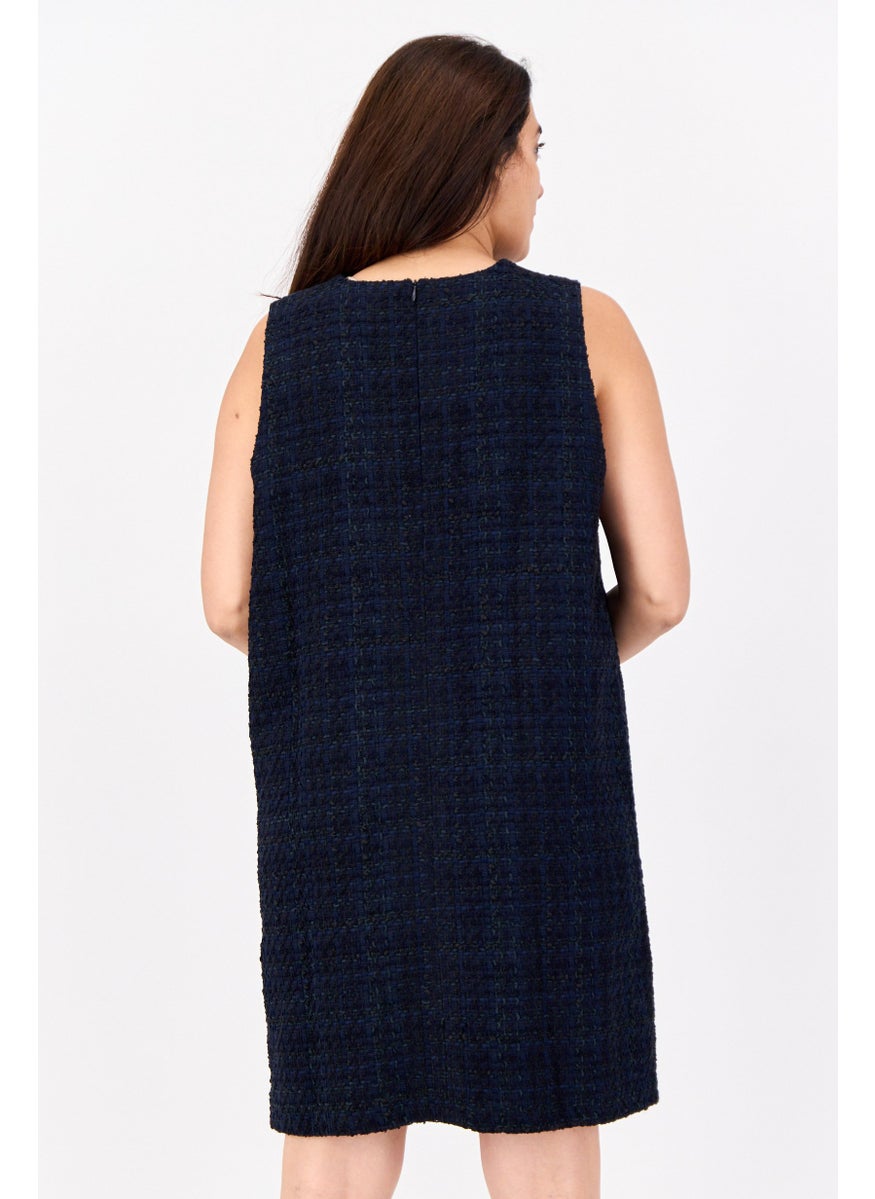 Women Tweed Detail Mini Dress, Navy Blue